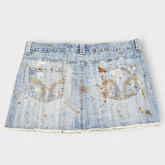 Vintage Y2K Wet Seal Denim Mini Skirt Distressed Paint Splatter Large Low Rise - Picture 3 of 9